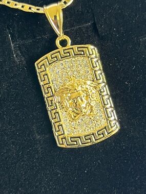 Gold Filled Medusa Greek Key Pattern Pendant Necklace